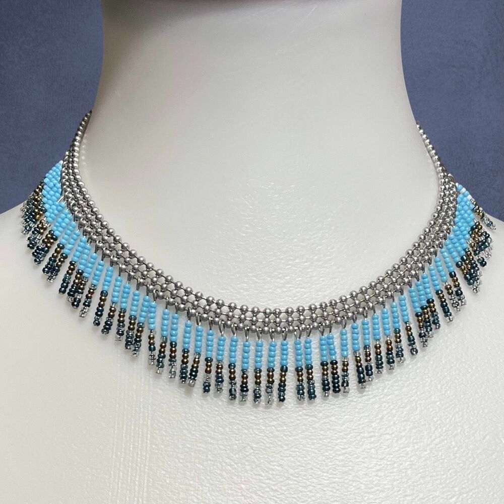 Southwestern Fringe Collar Necklace Blue Seed Bead Dangle 15.5" Choker Boho Chic